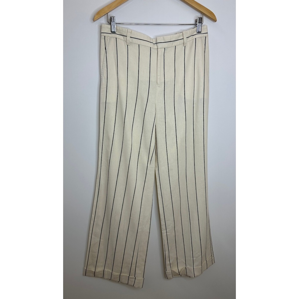 Lauren Ralph Lauren Linen Blend Pants 4 Cream Stripe Wide Leg Minimalist Office - Picture 2 of 16